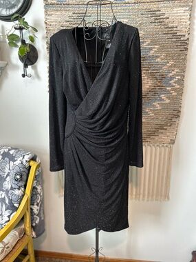 JH Evenings Black Sparkle Long-Sleeve Wrap Dress